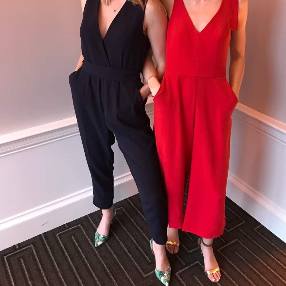 H&M Deep V Navy Tie Belt Jumpsuit